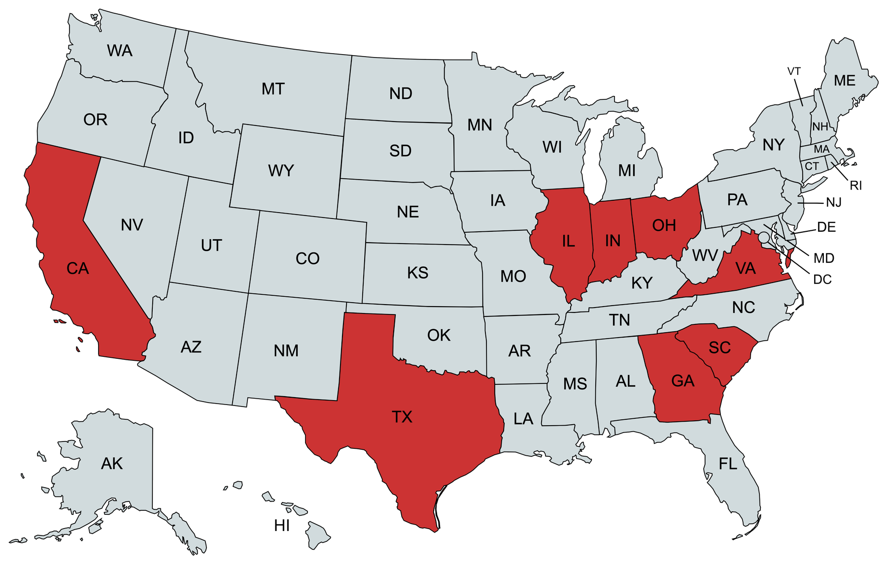 United States map with Western Cargo's top 2025 origin states highlighted: Texas, California, Ohio, Illinois, Indiana, Georgia, Virginia, and South Carolina.